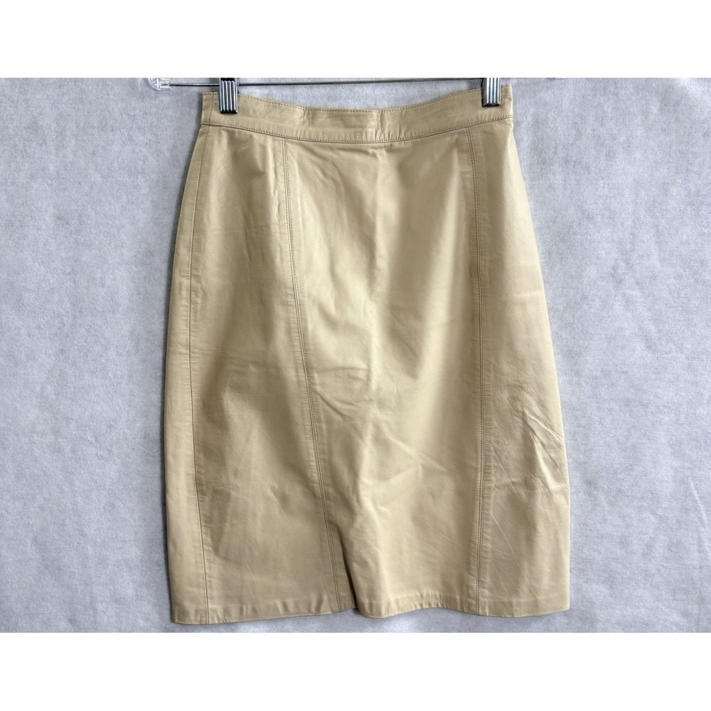 Vtg CEDARS Women 100% Leather Knee Length Pencil Skirt Sz 6 Cream 80s Retro 25-1